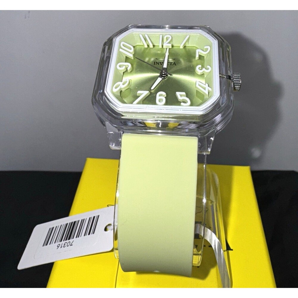 70316 Invicta Watch Clear Square Case Green Dial/Silicone Strap 39 mm w/Box